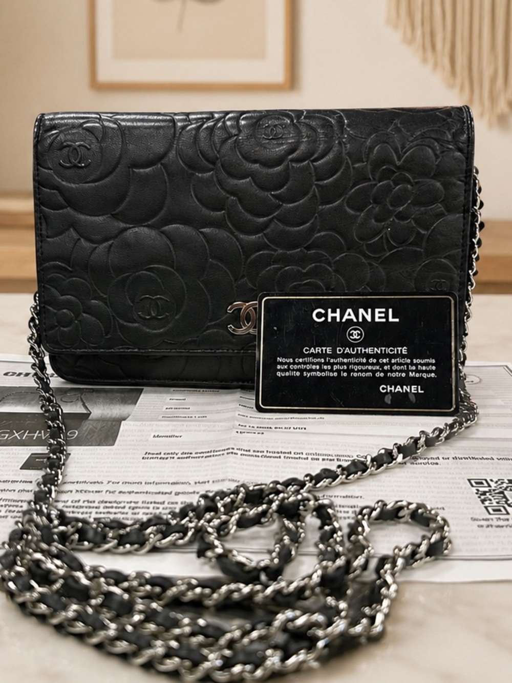 Chanel Camellia Embossed Lambskin Wallet on Chain WOC Black | Authentic